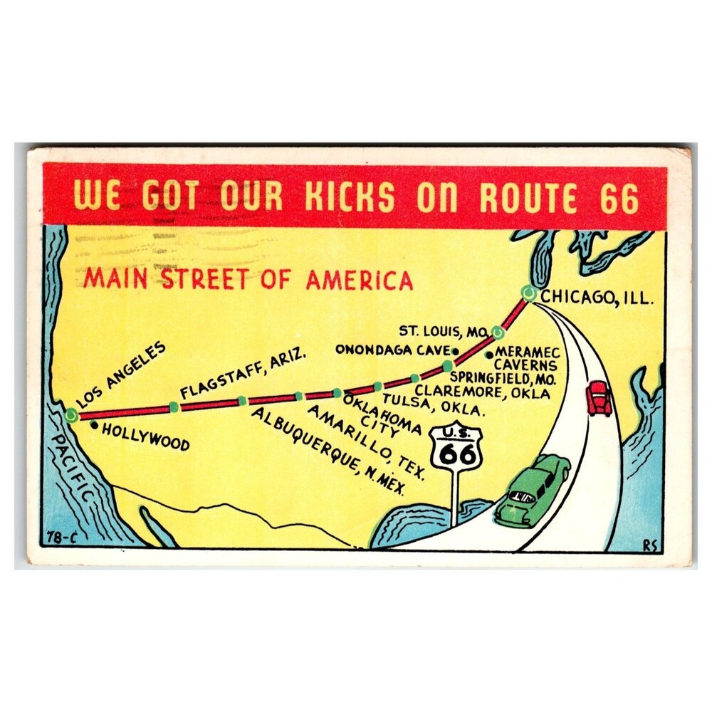 Route 66 Main Street of America Cartoon Map Postcard Amarillo TX Postmark 1950s